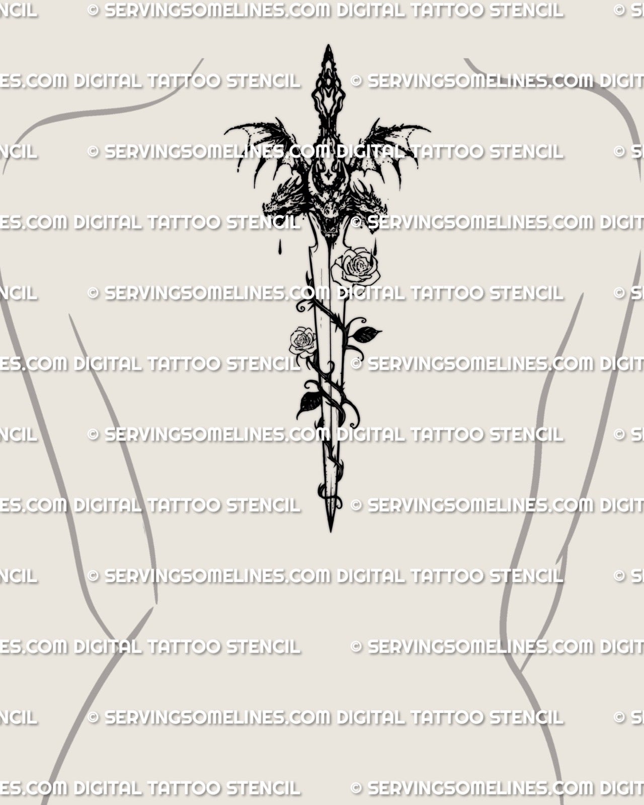 upper back tattoo mockup showing gothic dragon rose sword with winged handle and thorn vines, fantasy dagger centered between shoulders