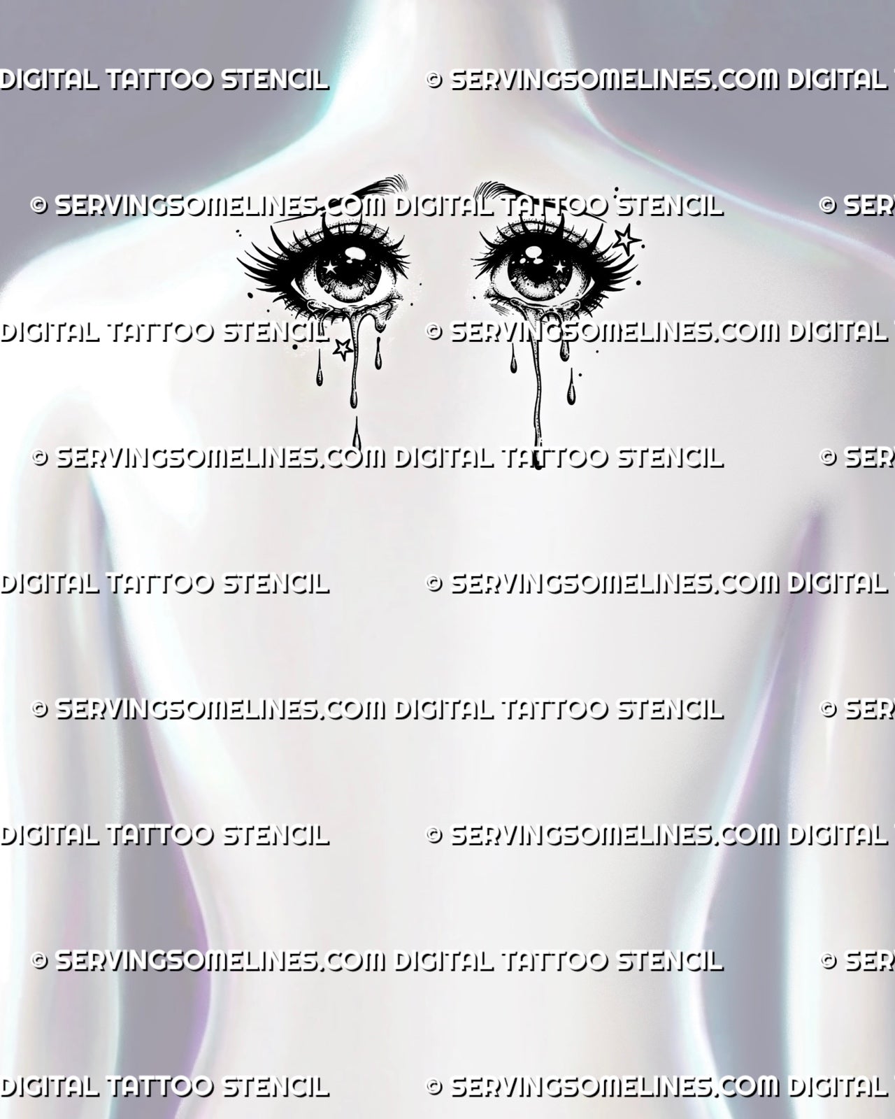Cute crying eyes tattoo design shown on upper back placement, with paired anime eyes, tear drops, lashes, and star details.