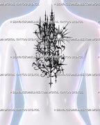 Upper-back placement preview of a vampire-inspired gothic architecture tattoo design, with three bats, fragmented cathedral-like arches, celestial motifs and sharp black extensions.