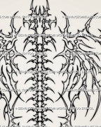 Close-up of stylized vertebral spine tattoo stencil with repeated bone segments, pointed cyber tribal forms, skeletal symmetry, and detailed black linework