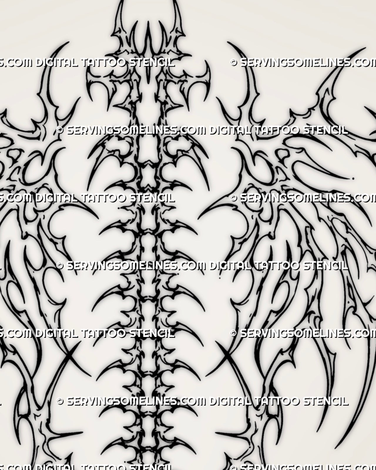 Close-up of stylized vertebral spine tattoo stencil with repeated bone segments, pointed cyber tribal forms, skeletal symmetry, and detailed black linework