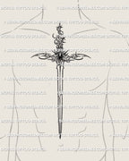 Vertical fantasy sword tattoo on mens chest and stomach with ornate gemstone handle, gothic ornamental lines, and clean symmetrical layout.