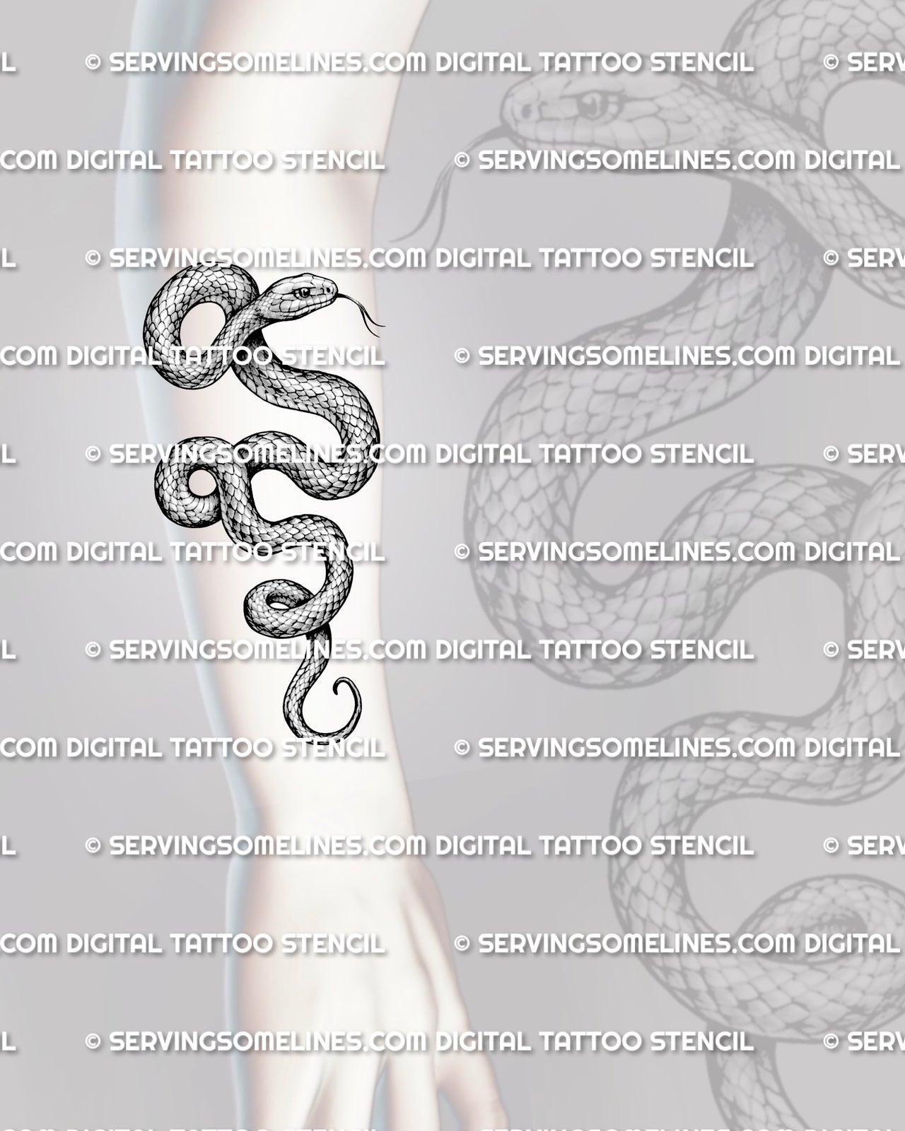 Vertical snake tattoo stencil shown on forearm placement with textured scales, raised head, and clean serpent shape.