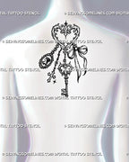 Victorian-inspired keychain tattoo shown on the upper back with antique key, ornamental heart frame, hanging chains, cameo, and gothic charm details