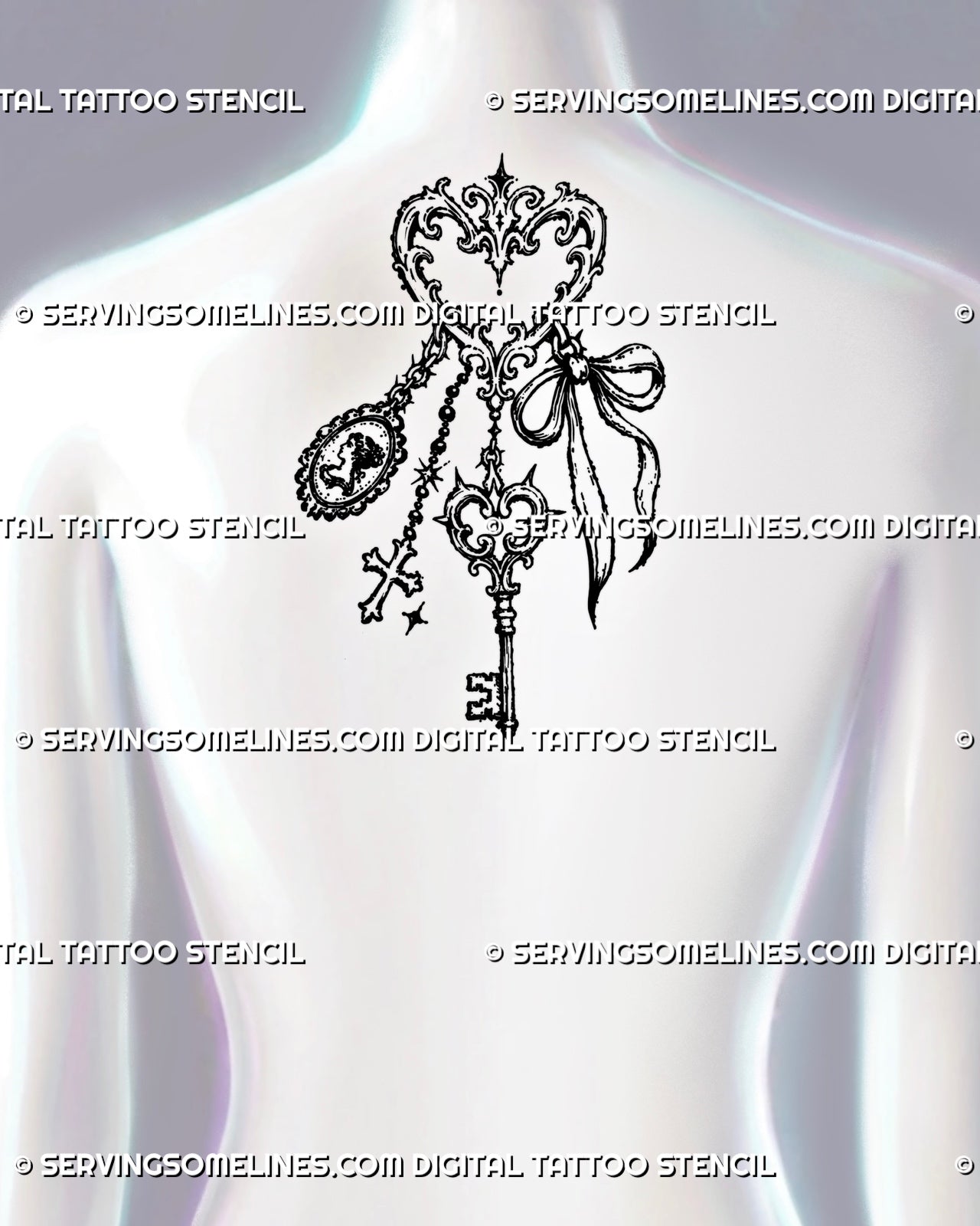Victorian-inspired keychain tattoo shown on the upper back with antique key, ornamental heart frame, hanging chains, cameo, and gothic charm details