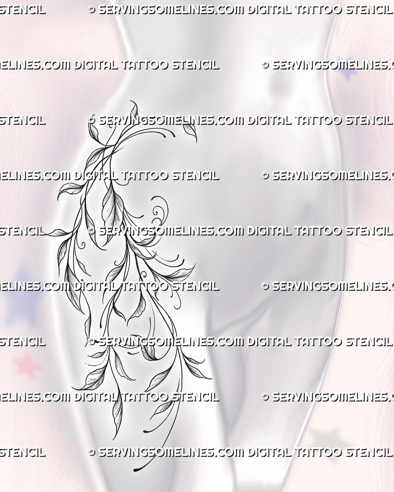 Vine hip tattoo stencil shown on feminine hip placement, with soft leafy vine linework and natural side body flow 