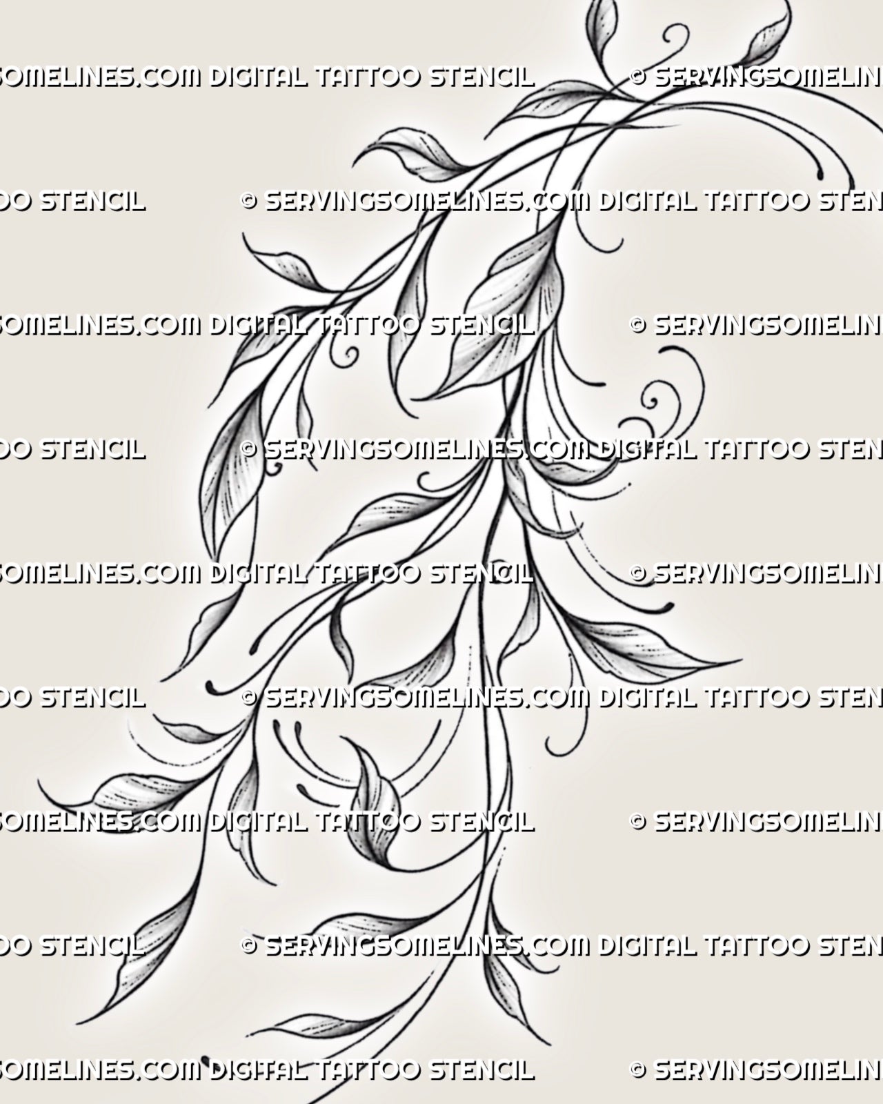 Vine hip tattoo stencil with soft leafy vine structure, small leaf details, clean black linework, and printable design file