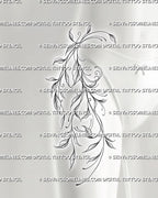 Vine hip tattoo stencil shown on upper thigh placement, with curved leafy linework and soft hip and thigh tattoo flow