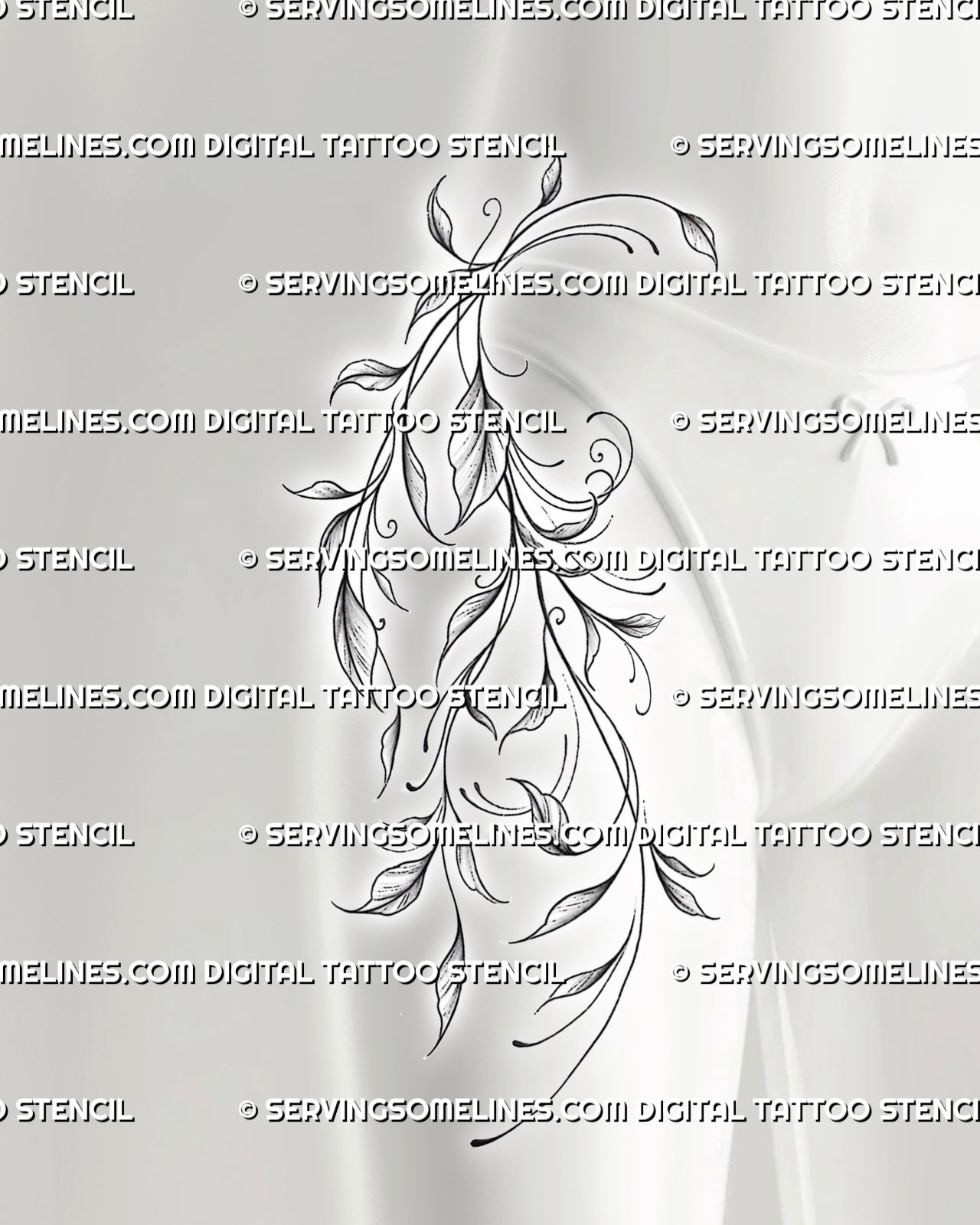 Vine hip tattoo stencil shown on upper thigh placement, with curved leafy linework and soft hip and thigh tattoo flow