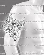 Vintage cherub tattoo shown on a man’s upper arm with feathered wings, open lily flowers, curling stems, and classical hand-drawn details