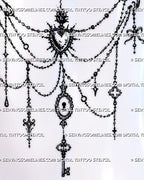 Vintage Gothic shoulder jewelry tattoo stencil design with hand-drawn beaded chains, flaming heart, ornate keyhole, skeleton key, ribbon bow, safety pin, and filigree charms