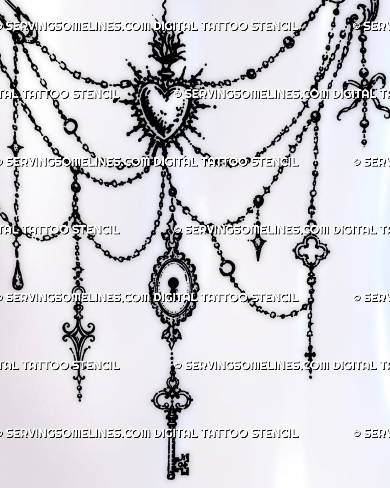 Vintage Gothic shoulder jewelry tattoo stencil design with hand-drawn beaded chains, flaming heart, ornate keyhole, skeleton key, ribbon bow, safety pin, and filigree charms