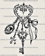 Vintage keychain tattoo stencil with a filigree heart ring, antique skeleton key, cameo portrait, ribbon bow, cross charm, chains, and star accents