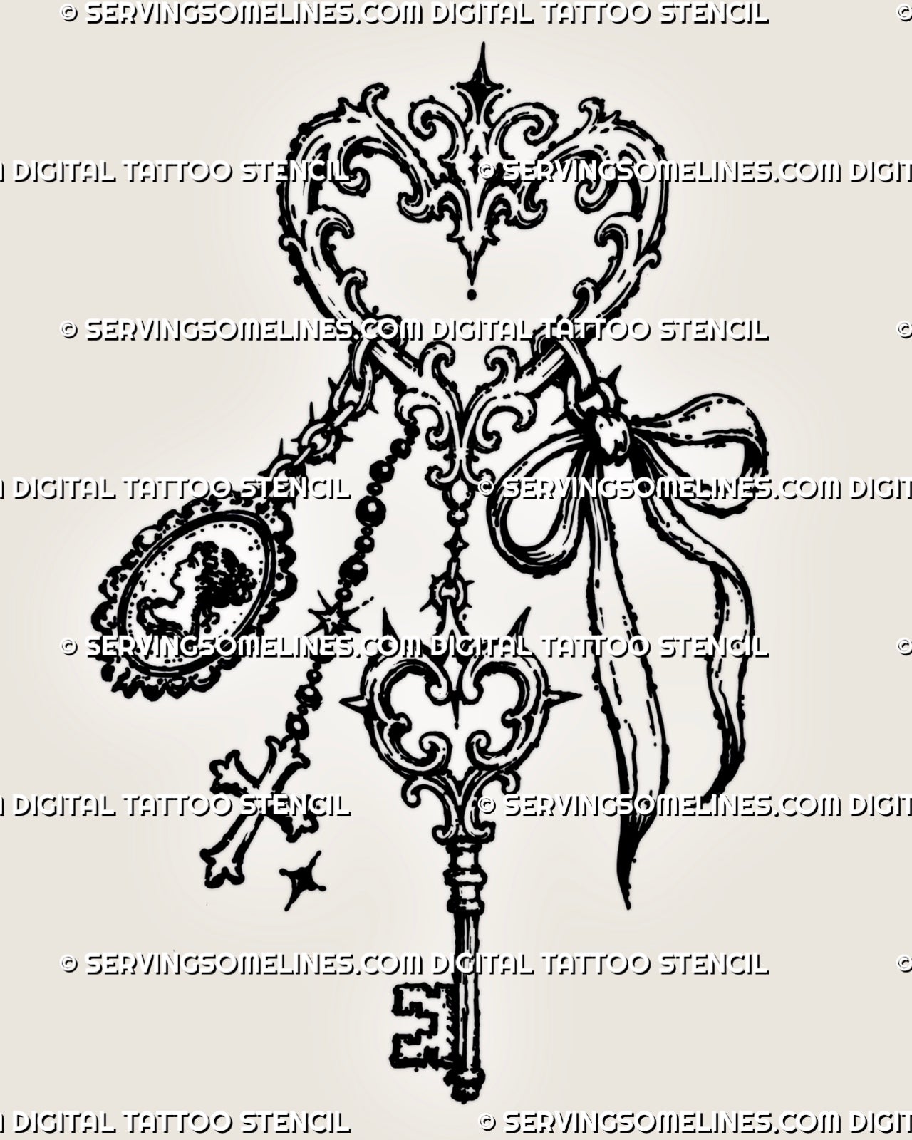 Vintage keychain tattoo stencil with a filigree heart ring, antique skeleton key, cameo portrait, ribbon bow, cross charm, chains, and star accents