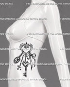 Vintage trinket tattoo shown on a woman’s side body with gothic charms, antique key, cameo, cross, bow, filigree heart, and hanging chain details
