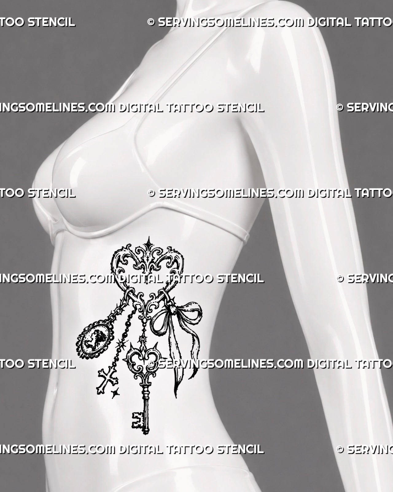 Vintage trinket tattoo shown on a woman’s side body with gothic charms, antique key, cameo, cross, bow, filigree heart, and hanging chain details