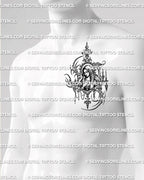 Virgin Mary tattoo shown on mens chest pec placement, with gothic devotional frame, rosary detail, and candle accents. 