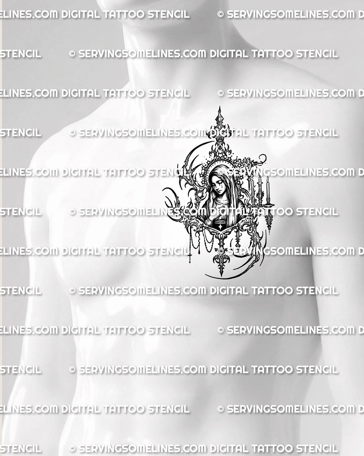 Virgin Mary tattoo shown on mens chest pec placement, with gothic devotional frame, rosary detail, and candle accents. 