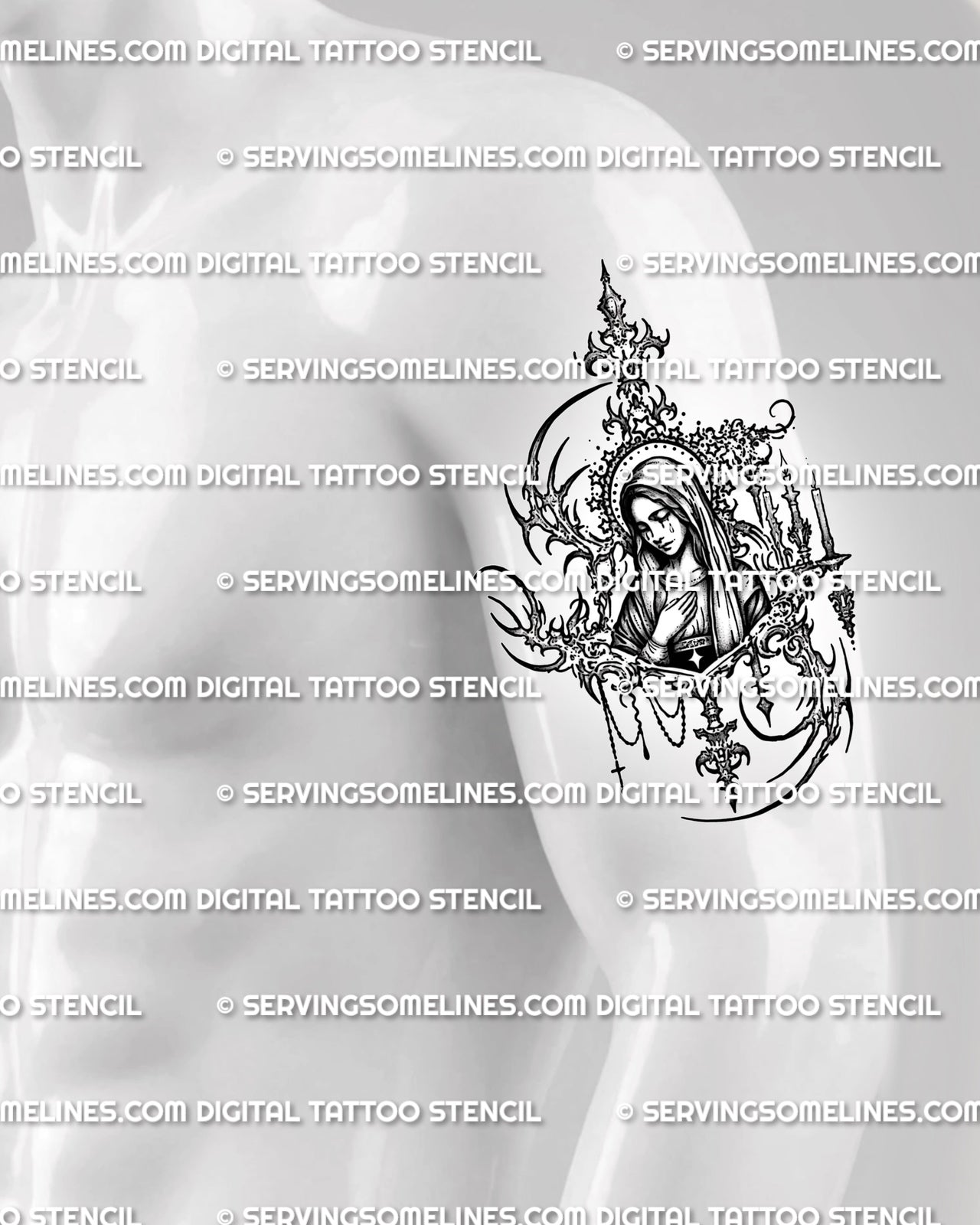 Virgin Mary tattoo shown on mens upper arm placement, with gothic frame, rosary detail, candles, and veiled portrait.