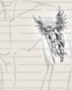 Warrior angel tattoo stencil shown on men’s upper arm, featuring St Michael with spear, shield, halo, armor, and wings.v
