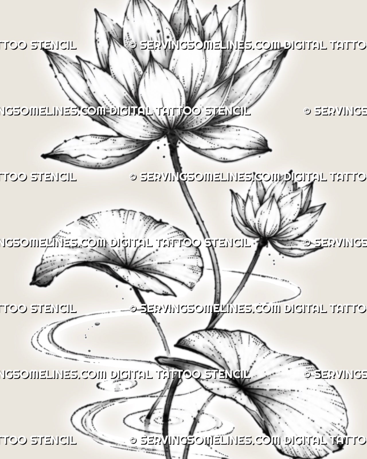 Close detail of water lily flower tattoo stencil showing layered pointed petals, stippled shading, leaf veins, stems, and circular water ripples