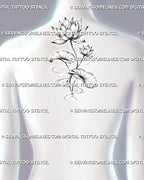 Water lily pond tattoo shown at the center of the upper back with two blooms, spreading lily pads, long stems, and flowing ripple lines