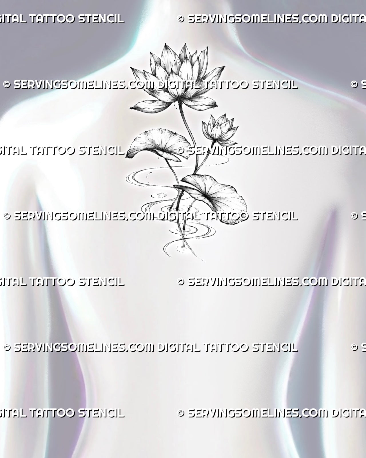 Water lily pond tattoo shown at the center of the upper back with two blooms, spreading lily pads, long stems, and flowing ripple lines