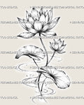 Water lily tattoo stencil with two layered blooms, rounded lily pads, slender stems, fine stippling, and flowing pond ripples