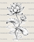Water lily tattoo stencil with two layered blooms, rounded lily pads, slender stems, fine stippling, and flowing pond ripples