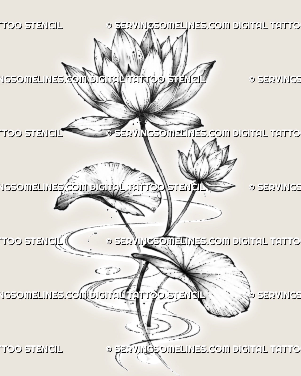 Water lily tattoo stencil with two layered blooms, rounded lily pads, slender stems, fine stippling, and flowing pond ripples