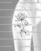 Water lily tattoo shown on the center of women’s front thigh with layered flowers, rounded aquatic leaves, fine botanical shading, and pond ripples