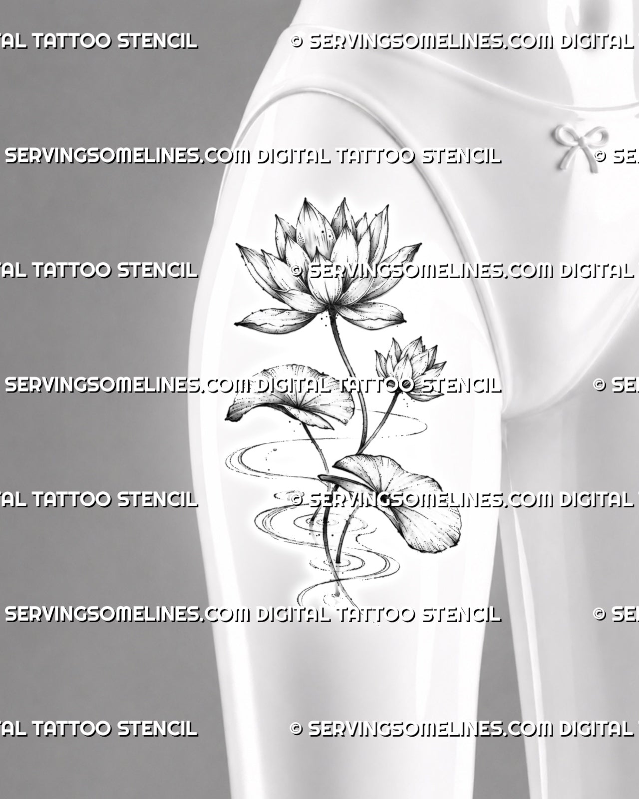 Water lily tattoo shown on the center of women’s front thigh with layered flowers, rounded aquatic leaves, fine botanical shading, and pond ripples