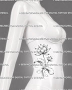 Water lily with lily pads tattoo shown on women’s side stomach with two flowers, curved stems, detailed leaves, and flowing water lines