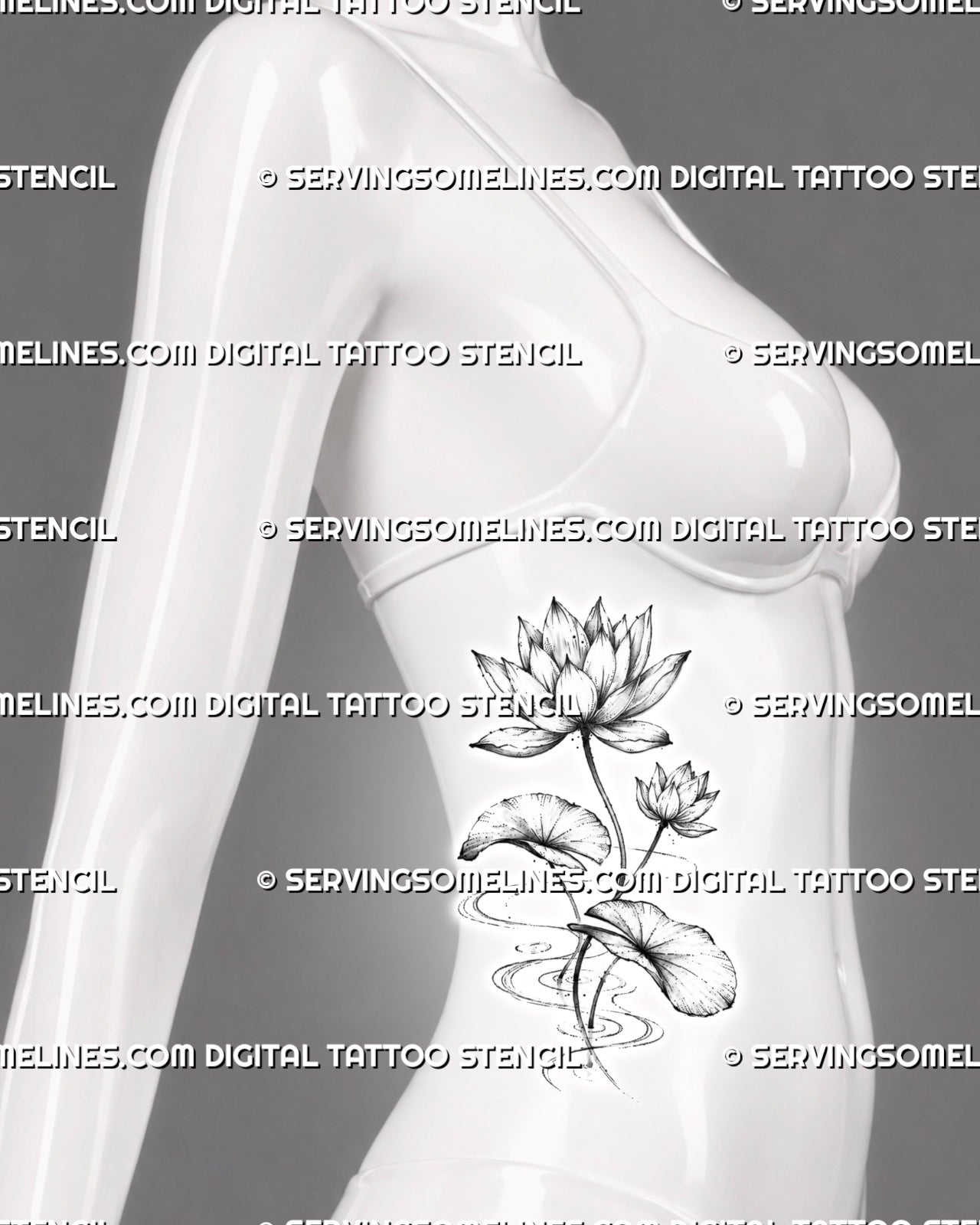 Water lily with lily pads tattoo shown on women’s side stomach with two flowers, curved stems, detailed leaves, and flowing water lines