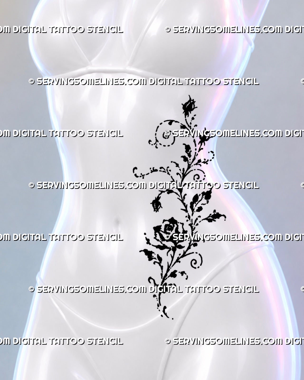 Whimsical rose vine tattoo shown along a woman’s side ribs with a trailing floral stem, curled tendrils, rosebuds, and asymmetric black ink movement