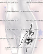 Whimsigoth sword and eye tattoo shown on a woman’s hip with ornate sword, dramatic lashes, crescent moon, stars, and hanging jewelry-like charms