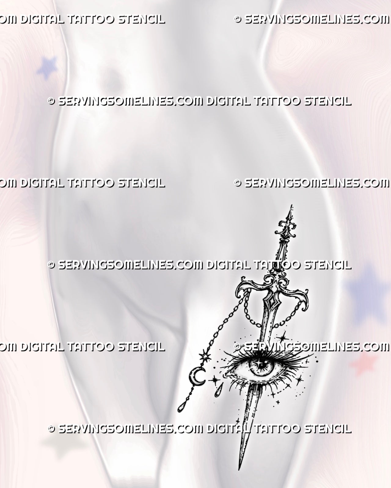 Whimsigoth sword and eye tattoo shown on a woman’s hip with ornate sword, dramatic lashes, crescent moon, stars, and hanging jewelry-like charms