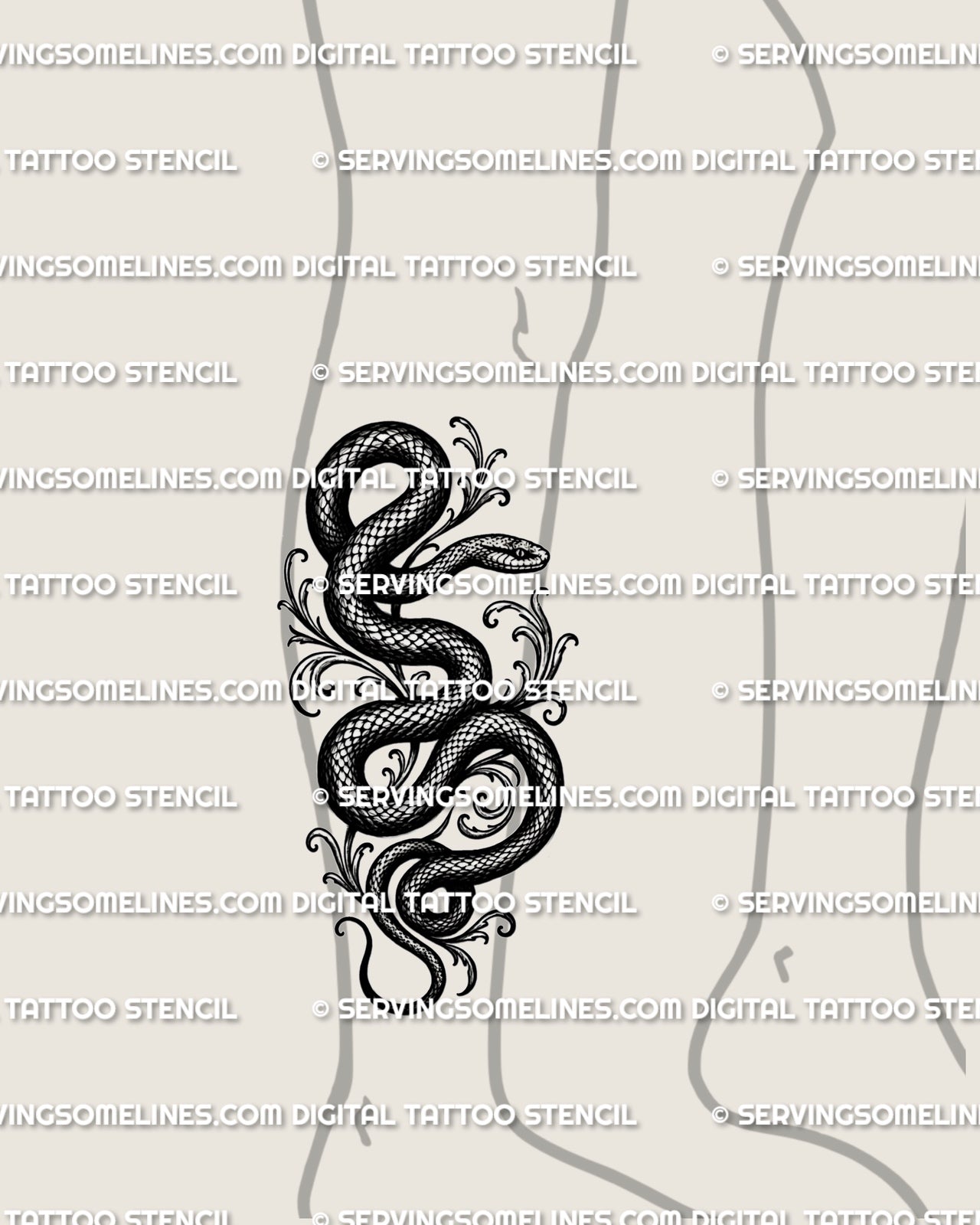 Winding serpent tattoo shown on calf placement with dark snake linework, scale texture, and vertical gothic shape.