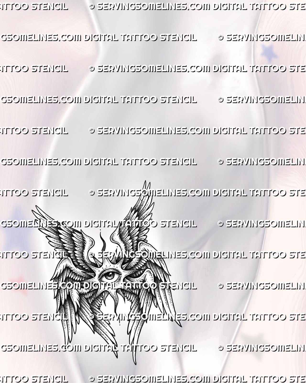 Winged angel eye tattoo shown on womens hip placement, with seraphim-style feathers, dark shading, and thigh-adjacent fit.