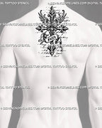 Winged cross tattoo stencil shown on upper back by the neck with medieval gothic cross, faith banner, sacred wings, and old-world ornamental detail