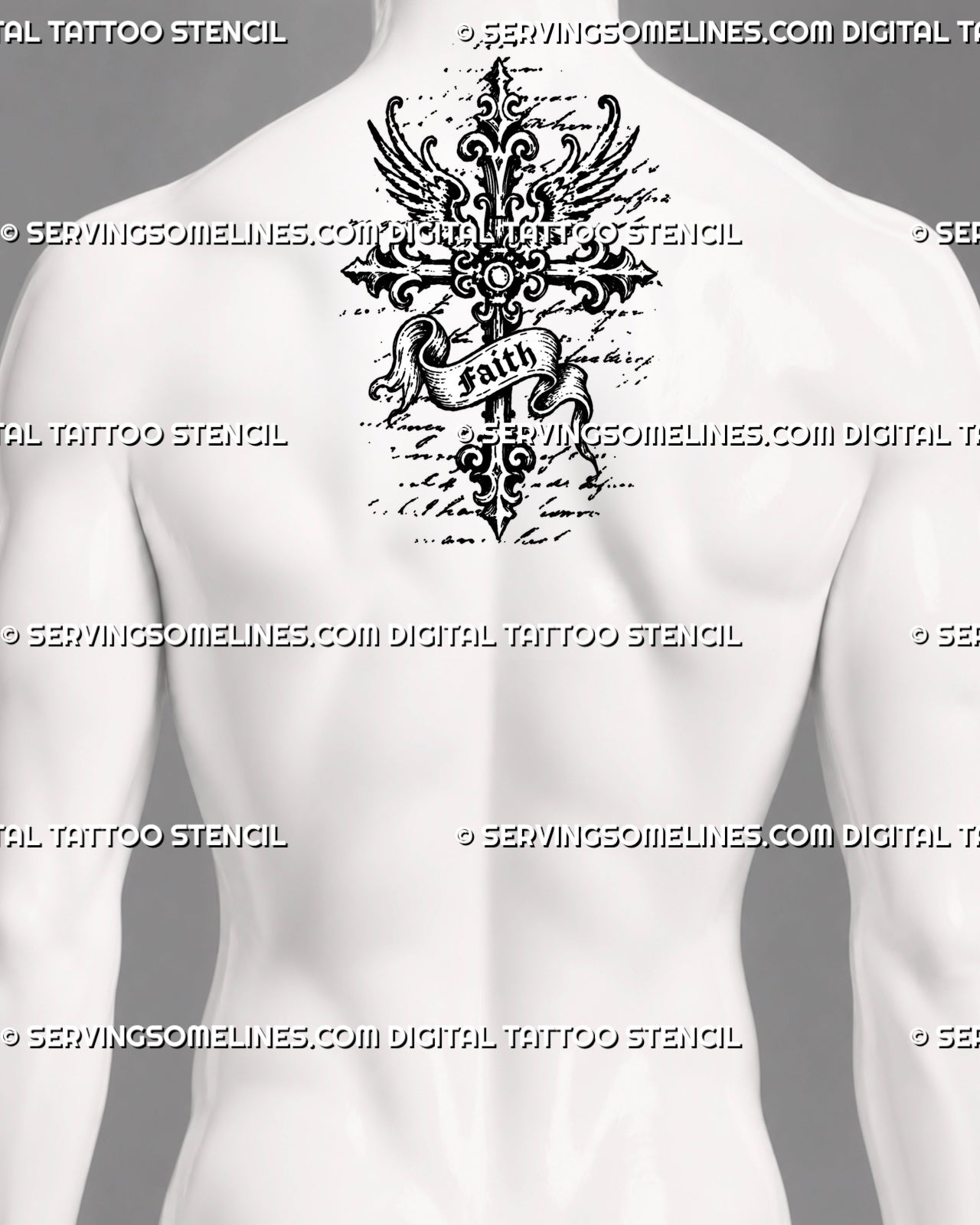 Winged cross tattoo stencil shown on upper back by the neck with medieval gothic cross, faith banner, sacred wings, and old-world ornamental detail