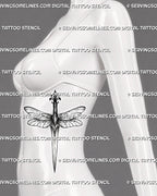 Winged dagger tattoo stencil shown on women’s ribs placement with dragonfly wings, fine dot shading, and a sharp vertical blade.