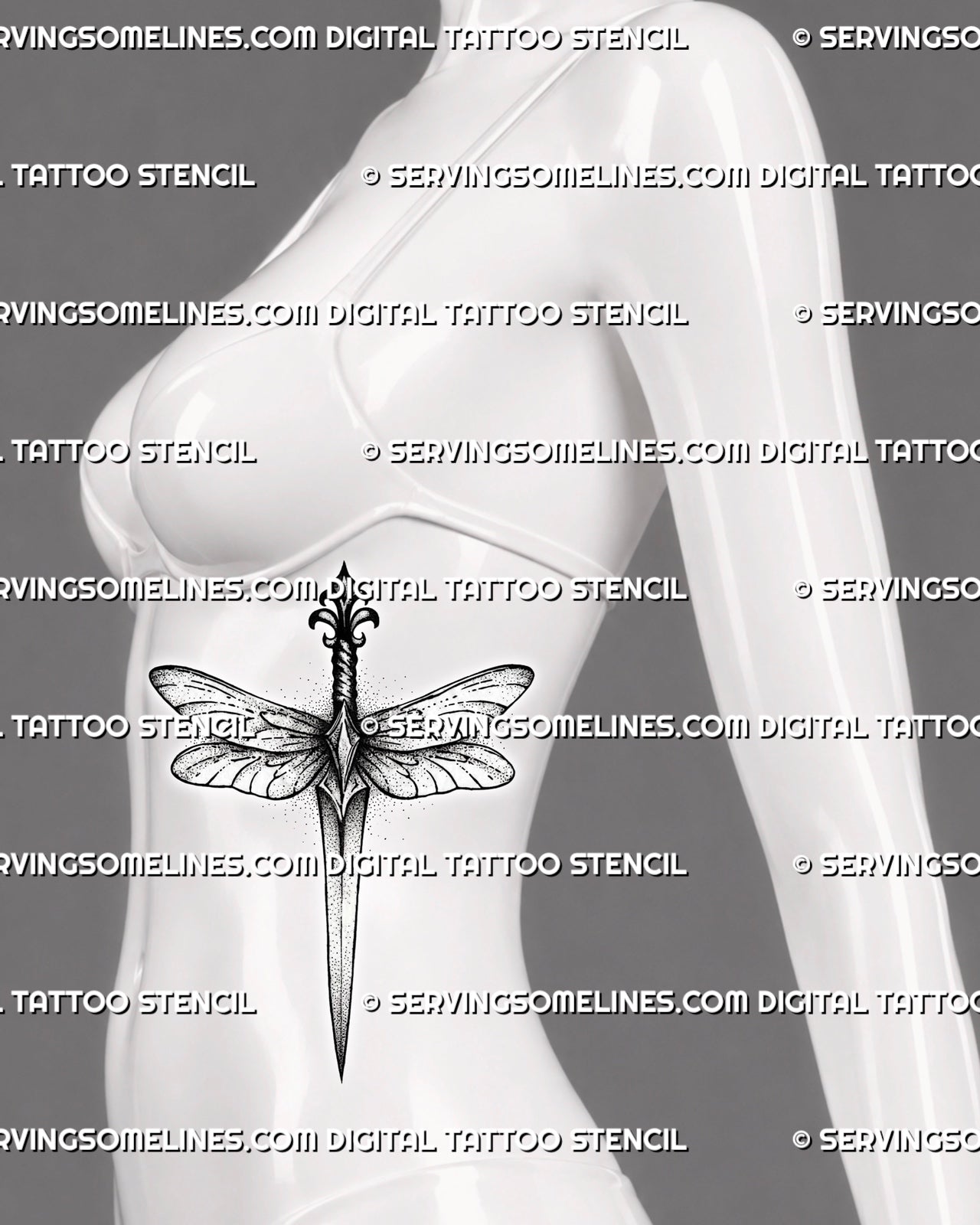 Winged dagger tattoo stencil shown on women’s ribs placement with dragonfly wings, fine dot shading, and a sharp vertical blade.