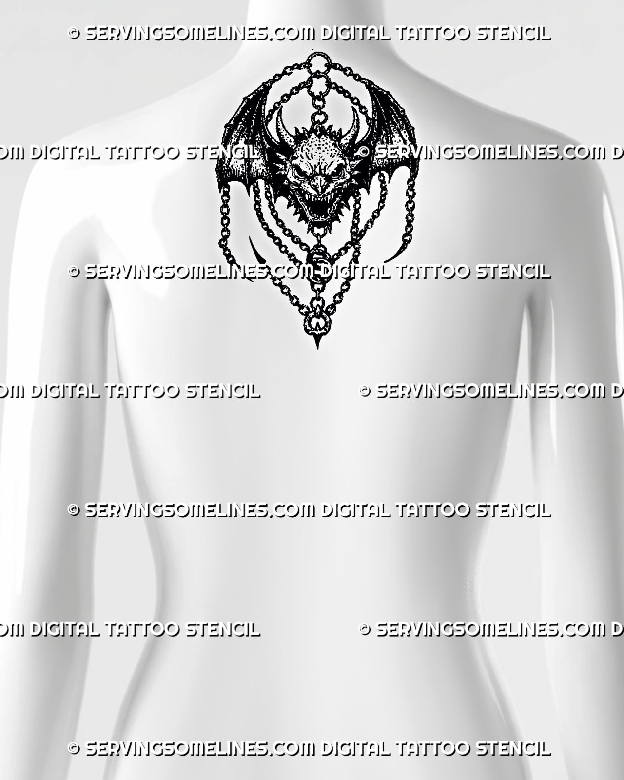 Winged demon tattoo stencil shown on upper back with wide bat wings, horned face, chain details, and medieval fantasy styling