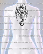 Winged dragon tattoo shown at the upper-back center with raised wings across the shoulder blades, horned head, vertical body, and tribal blackwork details