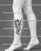 Winged dragon tattoo stencil shown on calf with medieval fantasy dragon, spread wings, sharp claws, spiked body, and curled tail
