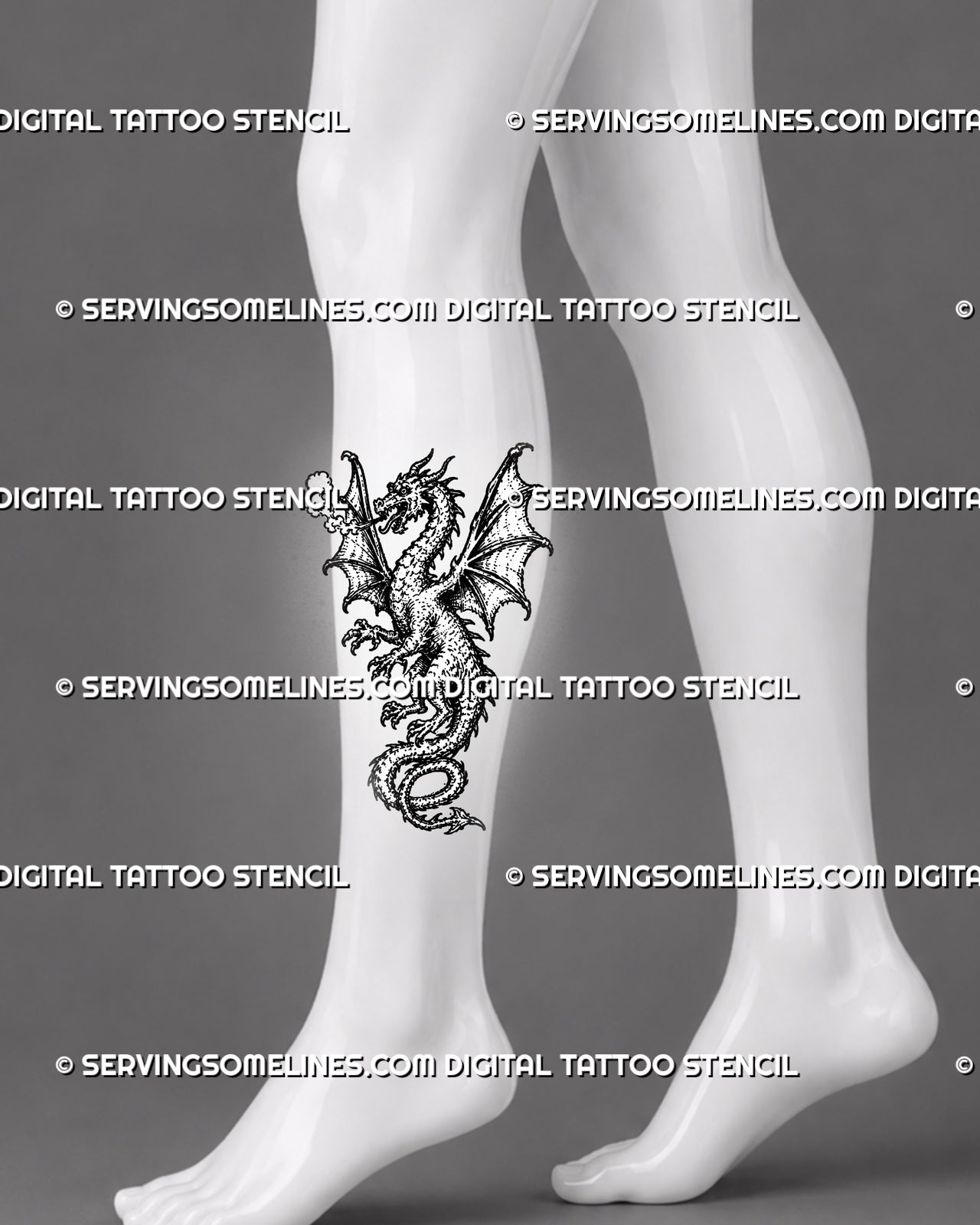 Winged dragon tattoo stencil shown on calf with medieval fantasy dragon, spread wings, sharp claws, spiked body, and curled tail