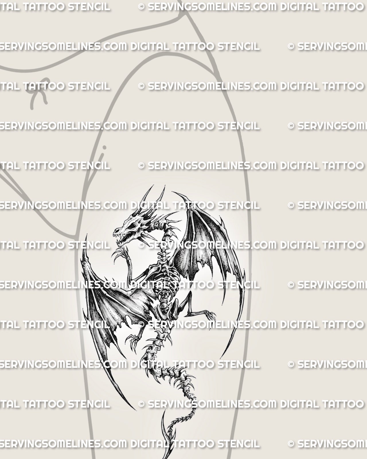 Winged dragon tattoo stencil shown on women’s thigh placement with skeletal body, torn wings, skull, and dark fantasy detail.
