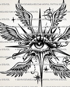 Winged eye tattoo stencil with angel wings, celestial star details, dotwork shading, and clean printable layout.