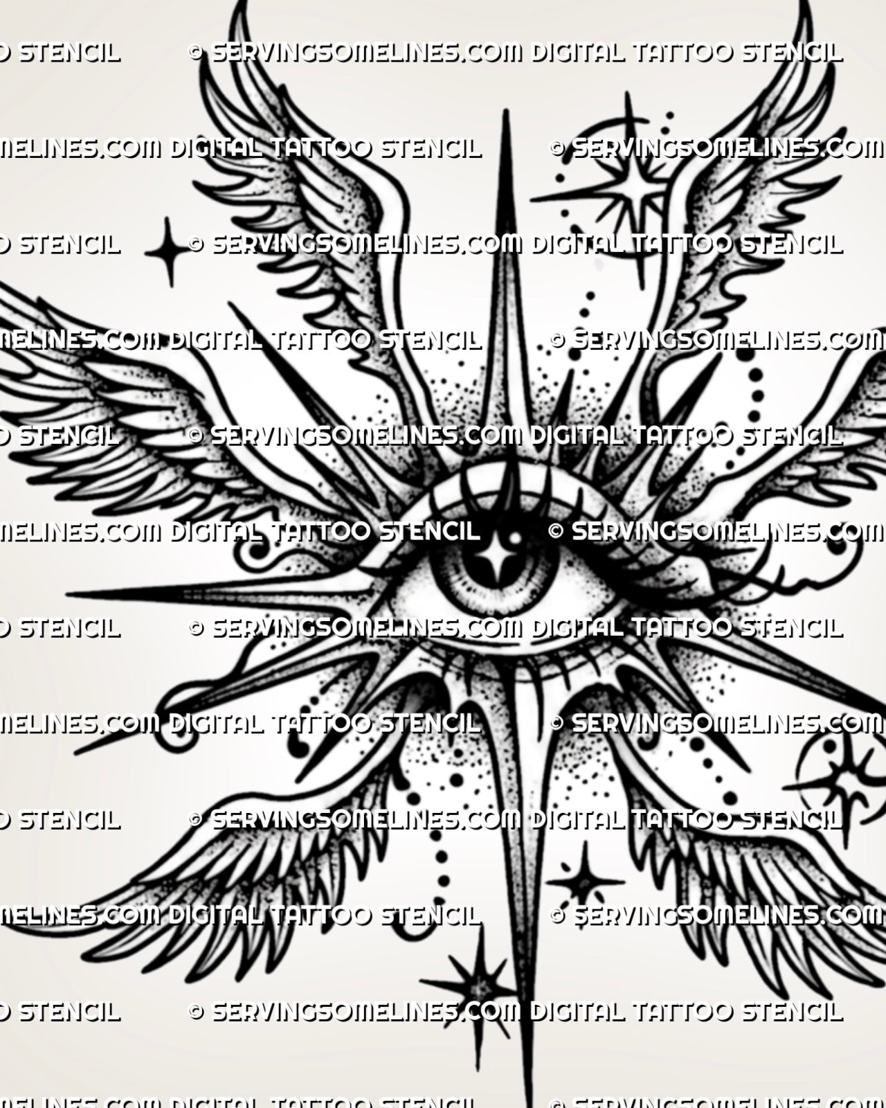 Winged eye tattoo stencil with angel wings, celestial star details, dotwork shading, and clean printable layout.